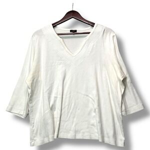 Talbots Woman Top V-Neck 3/4 Sleeve Cotton Knit Embroidered Trim White 3X